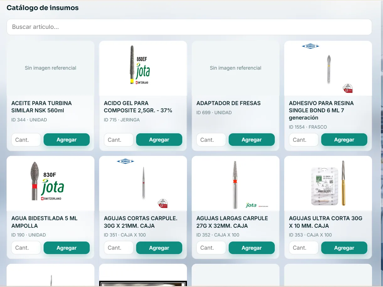 Catálogo de insumos con imagen, unidad y botón para agregar