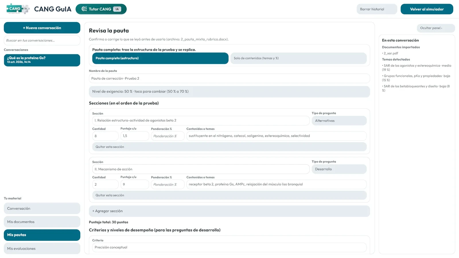 Pauta de corrección editable con secciones, puntajes y criterios